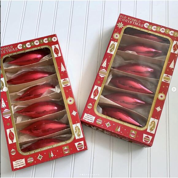 ONE BOX Vintage Old World Christmas Ornaments Teardrop Icicle Glass Red Set x6 - Picture 2 of 10
